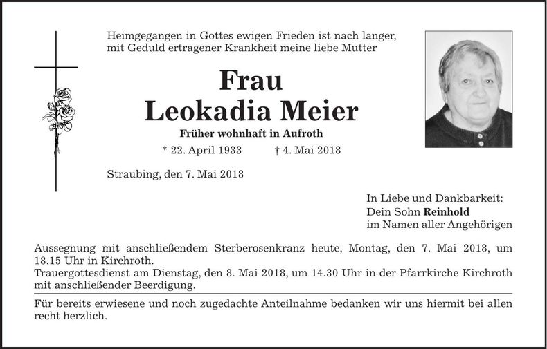 Traueranzeige Leokadia Meier