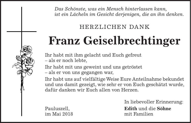 Traueranzeige Franz Geiselbrechtinger