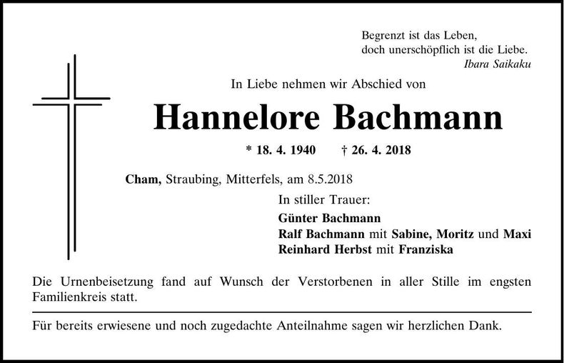 Traueranzeige Hannelore Bachmann
