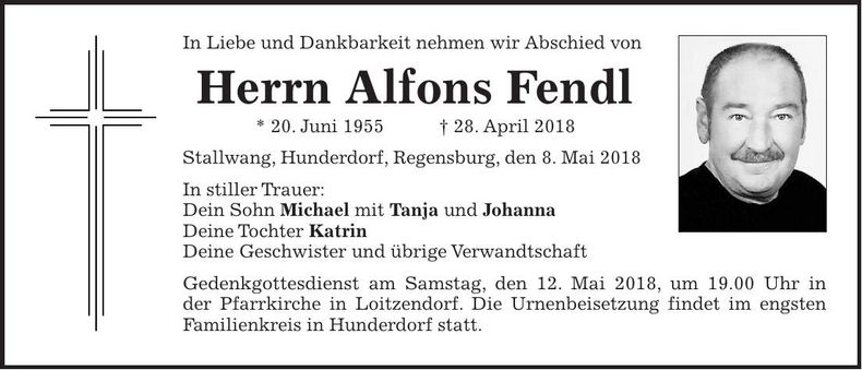 Traueranzeige Alfons Fendl