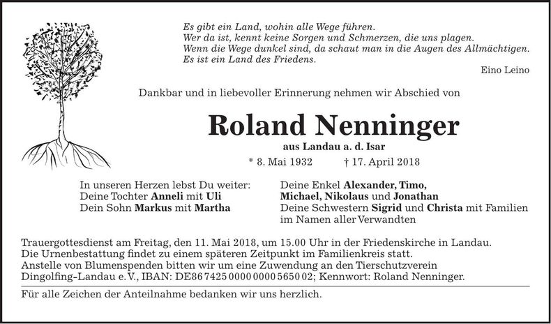 Traueranzeige Roland Nenninger