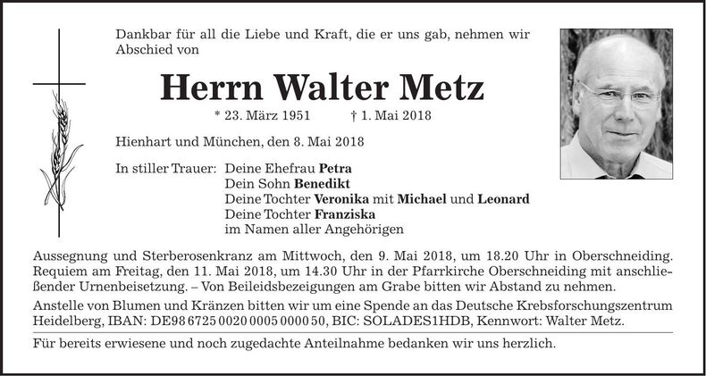 Traueranzeige Walter Metz