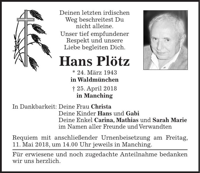 Traueranzeige Hans Plötz