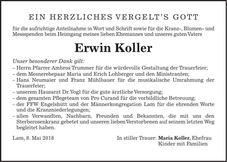 Traueranzeige Erwin Koller