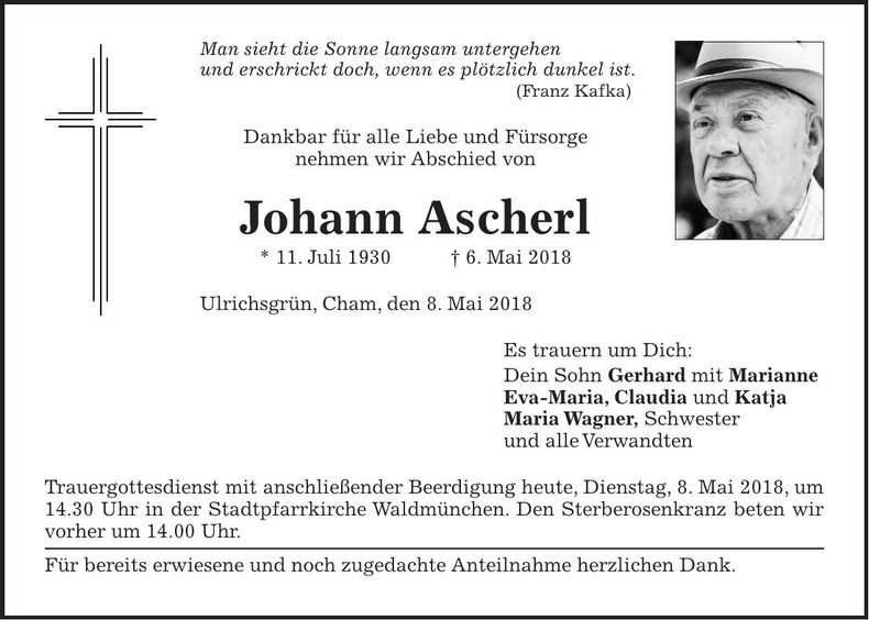 Traueranzeige Johann Ascherl