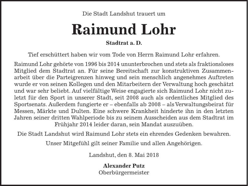 Traueranzeige Raimund Lohr