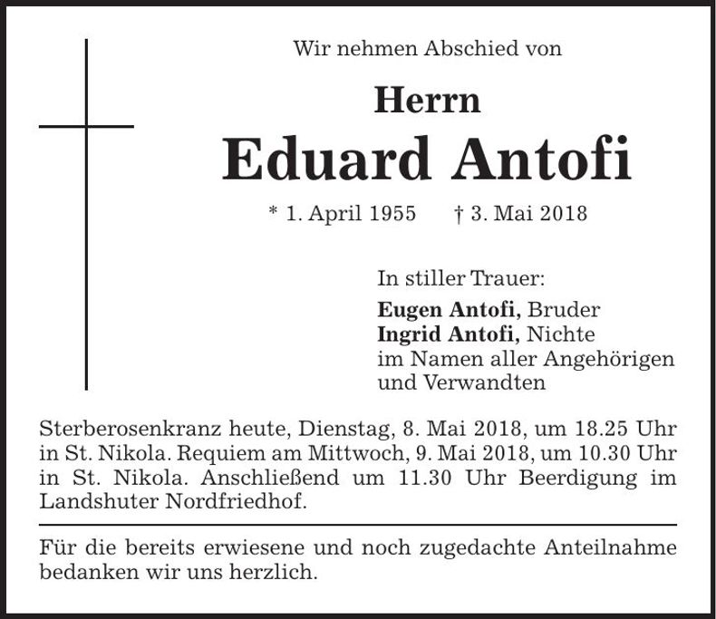 Traueranzeige Eduard Antofi