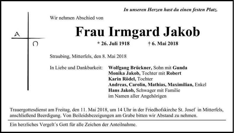 Traueranzeige Irmgard Jakob