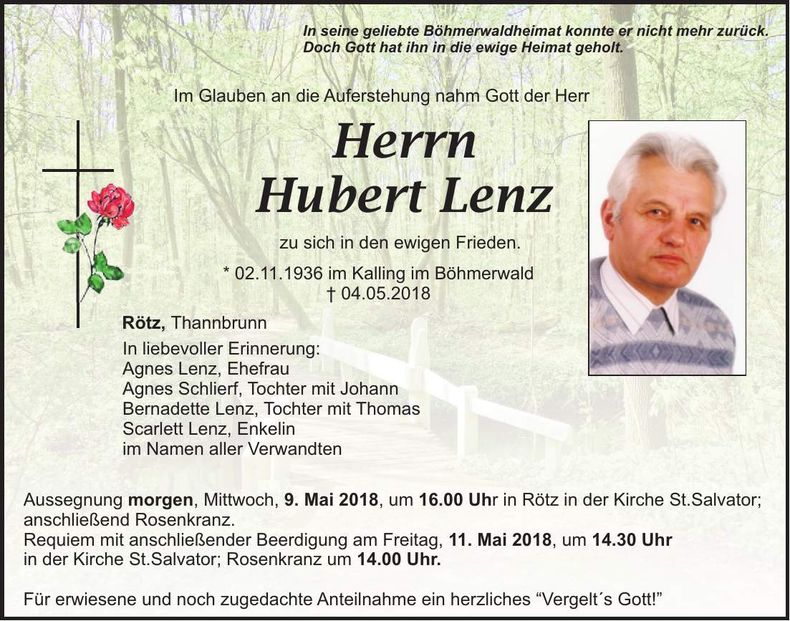 Traueranzeige Hubert Lenz