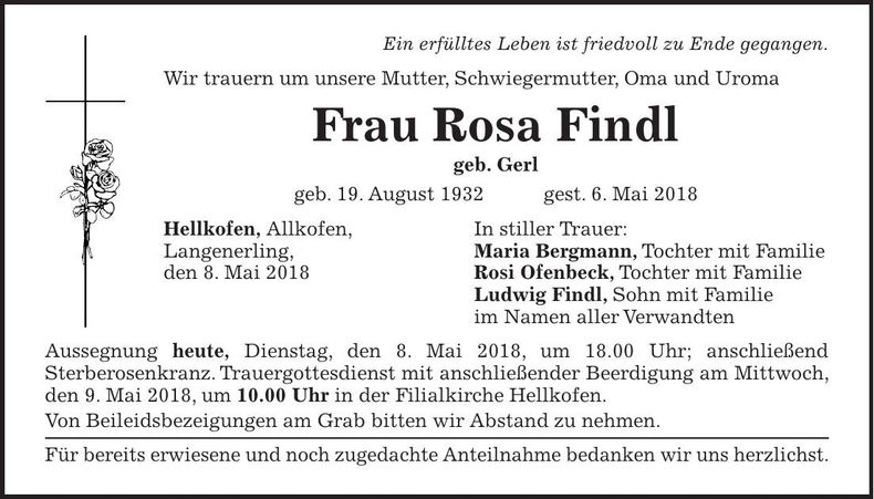 Traueranzeige Rosa Findl