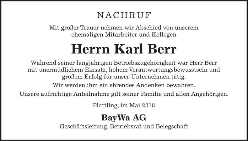 Traueranzeige Karl Berr