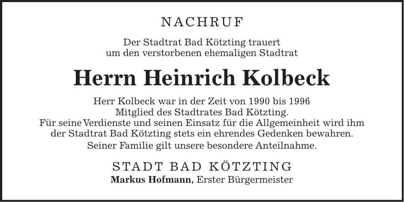 Traueranzeige Heinrich Kolbeck