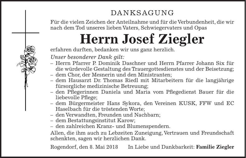 Traueranzeige Josef Ziegler
