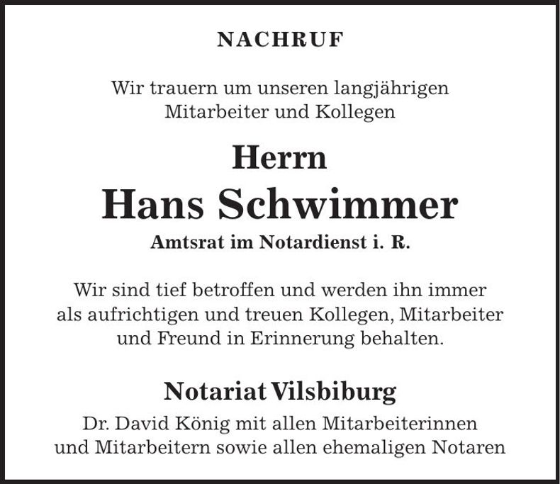 Traueranzeige Hans Schwimmer