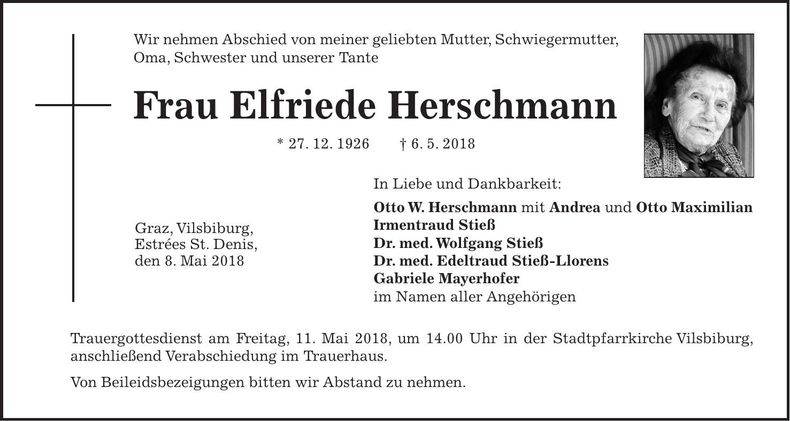 Traueranzeige Elfriede Herschmann
