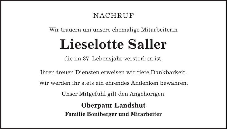 Traueranzeige Lieselotte Saller