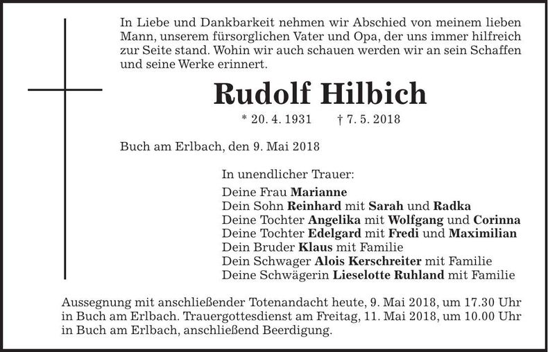 Traueranzeige Rudolf Hilbich