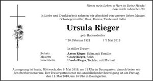 Traueranzeige Ursula Rieger