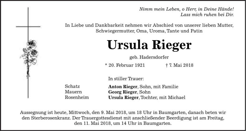 Traueranzeige Ursula Rieger