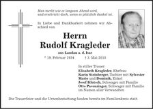 Traueranzeige Rudolf Kragleder