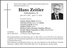 Traueranzeige Hans Zeitler
