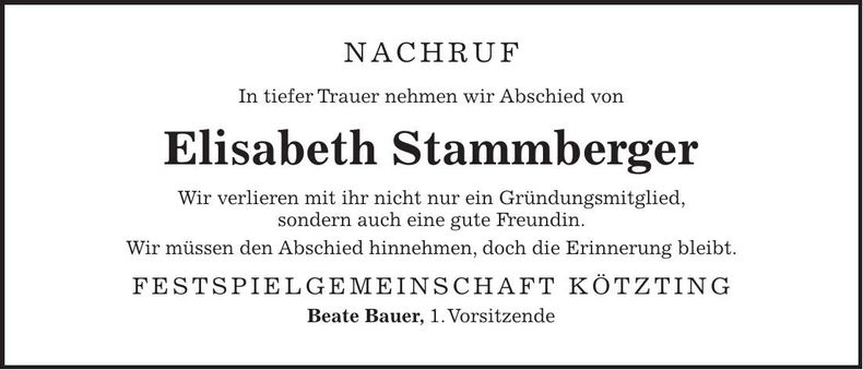 Traueranzeige Elisabeth Stammberger