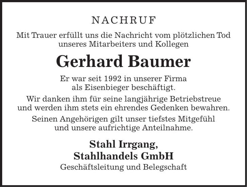 Traueranzeige Gerhard Baumer