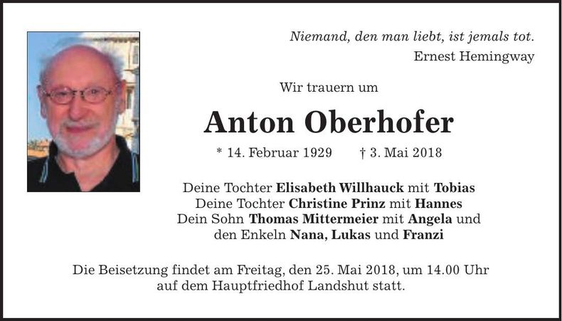 Traueranzeige Anton Oberhofer