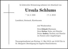 Traueranzeige Ursula Schlums