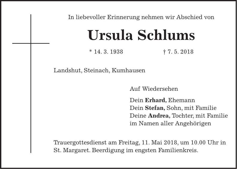 Traueranzeige Ursula Schlums