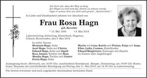 Traueranzeige Rosa Hagn