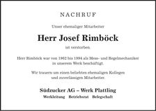 Traueranzeige Josef Rimböck
