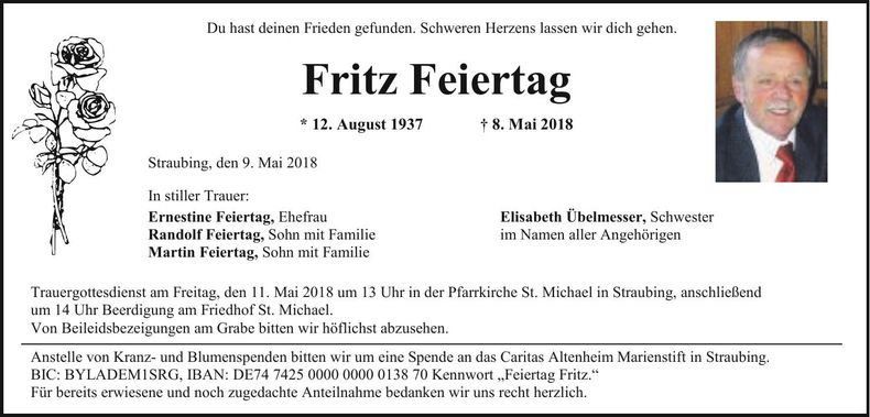 Traueranzeige Fritz Feiertag