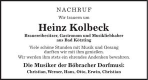 Traueranzeige Heinz Kolbeck