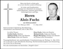 Traueranzeige Fuchs Alois