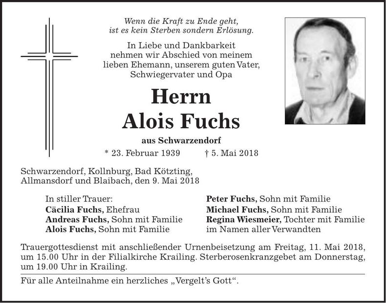 Traueranzeige Fuchs Alois