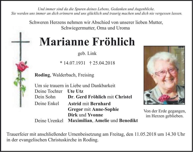 Traueranzeige Marianne Fröhlich