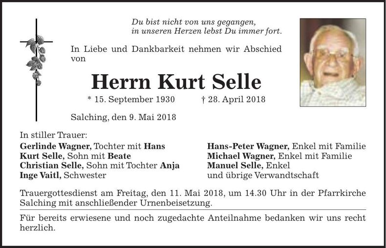 Traueranzeige Kurt Selle