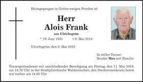 Traueranzeige Alois Frank