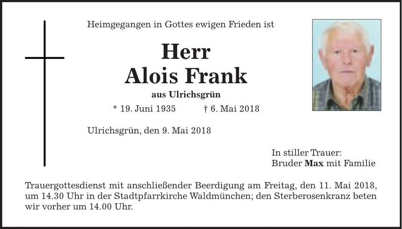 Traueranzeige Alois Frank