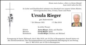 Traueranzeige Ursula Rieger