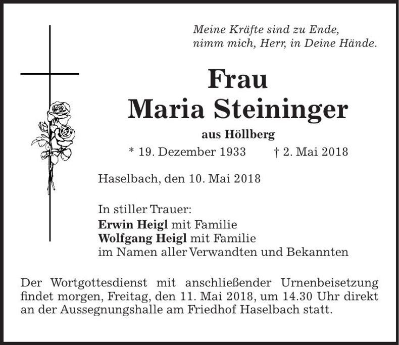 Traueranzeige Maria Steininger