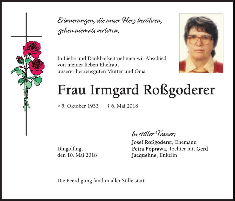 Traueranzeige Irmgard Roßgoderer