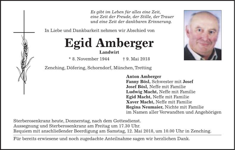 Traueranzeige Egid Amberger