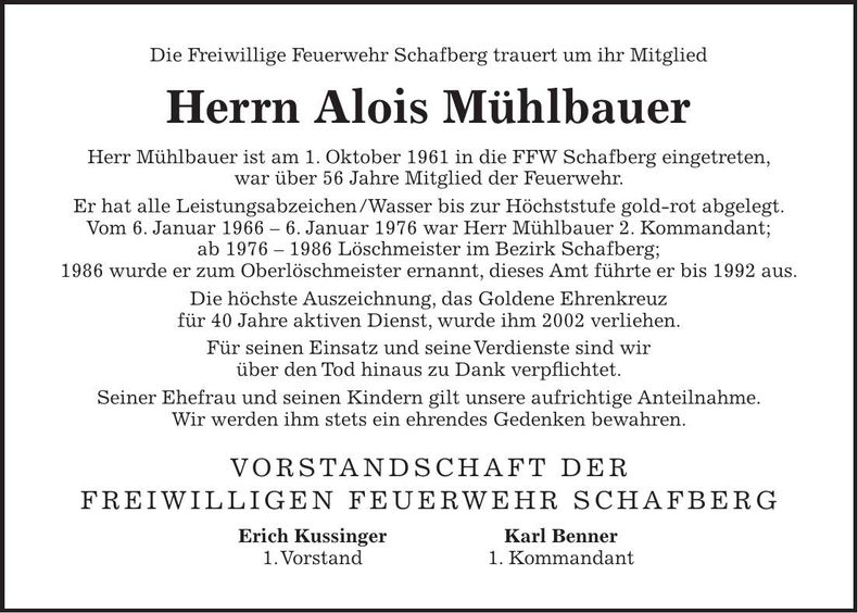 Traueranzeige Alois Mühlbauer