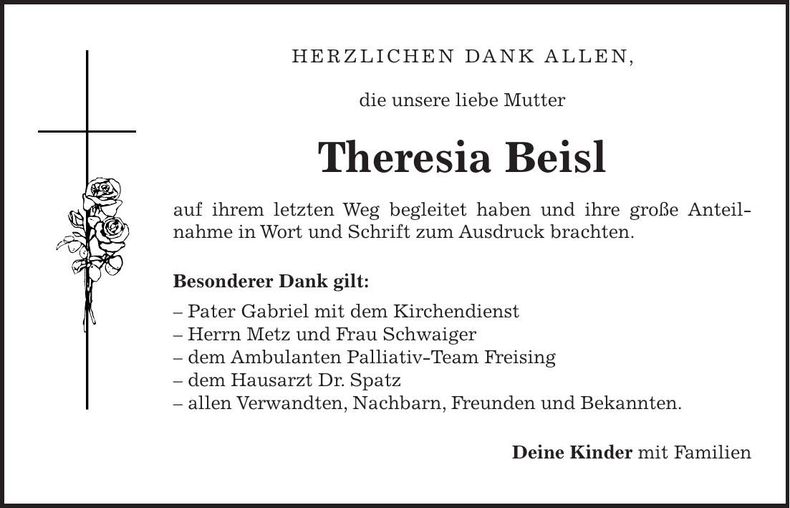 Traueranzeige Theresia Beisl