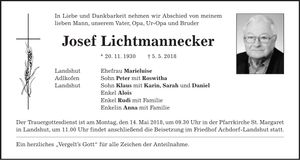 Traueranzeige Josef Lichtmannecker