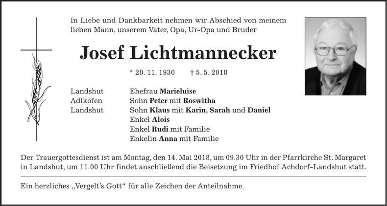 Traueranzeige Josef Lichtmannecker