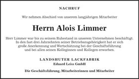 Traueranzeige Alois Limmer