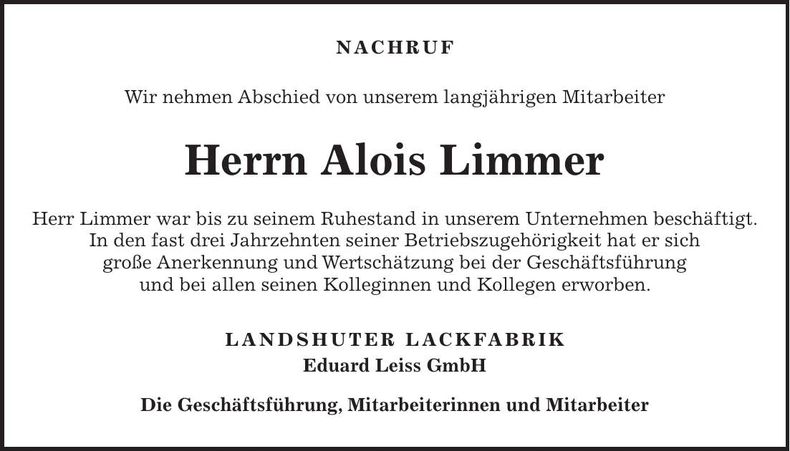 Traueranzeige Alois Limmer
